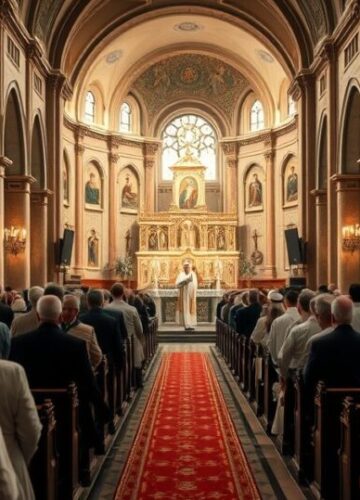 Tradycyjna katolicka msza w kościele - scena liturgiczna Tradycyjna katolicka msza święta w kościele, wierni w modlitewnym skupieniu, czysta i realistyczna scena liturgiczna