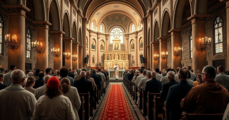 Fotografia realistyczna ukazująca kapłana w liturgicznych szatach podczas Mszy Świętej w tradycyjnym kościele, podkreślająca powagę i duchowe skupienie w katolickim rytuale.