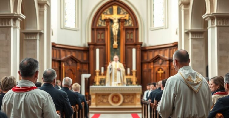 Sentymentalny, tradycyjny obraz katolickiej mszy w kościele, z biskupem przewodniczącym liturgii, wiernymi w skupieniu i szacunku, oddający powagę i duchowość ceremonii
