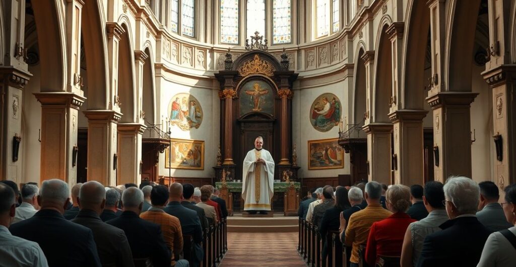 Interior kościoła katolickiego z wiernymi modlącymi się podczas liturgii, ukazanie powagi i tradycyjnego charakteru katolickiego nabożeństwa