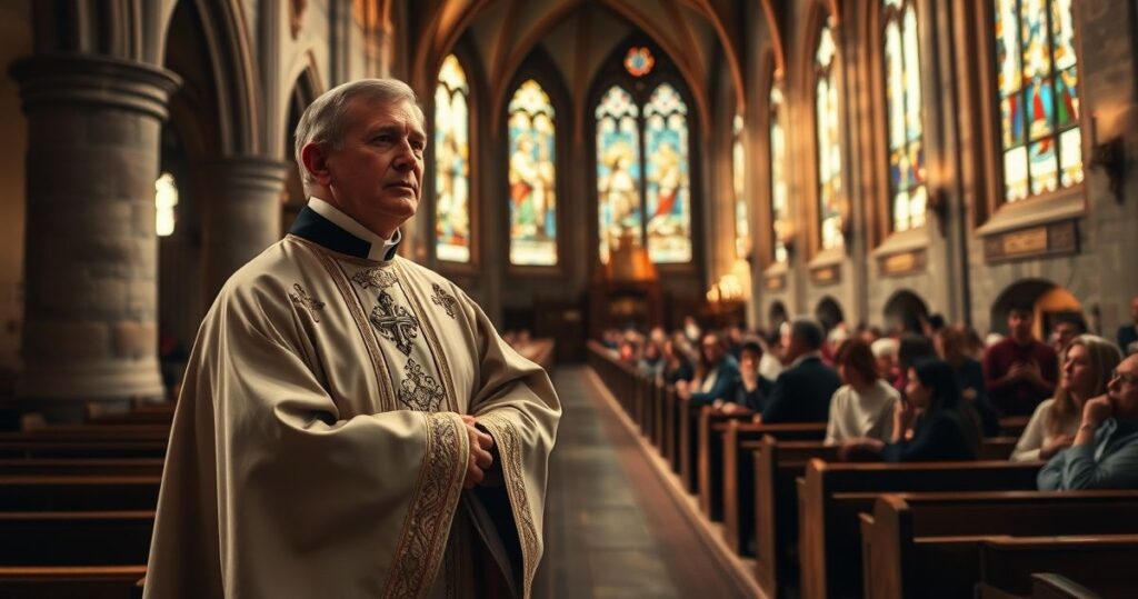 Fotografia realistyczna katolickiego kapłana w liturgicznych strojach w historycznym wnętrzu kościoła, ukazująca powagę i wiarę.