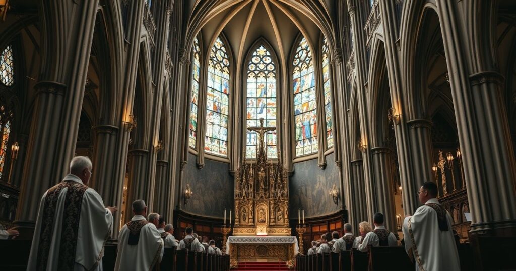 Sanktuarium katolickie podczas Mszy, ukazujące duchową powagę i tradycyjną liturgię w kontekście obrony życia i moralności