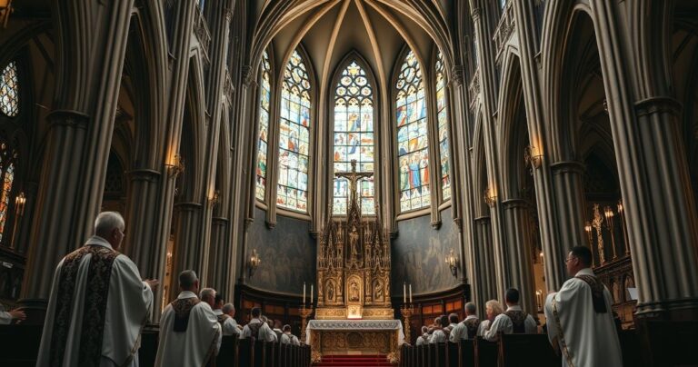 Sanktuarium katolickie podczas Mszy, ukazujące duchową powagę i tradycyjną liturgię w kontekście obrony życia i moralności