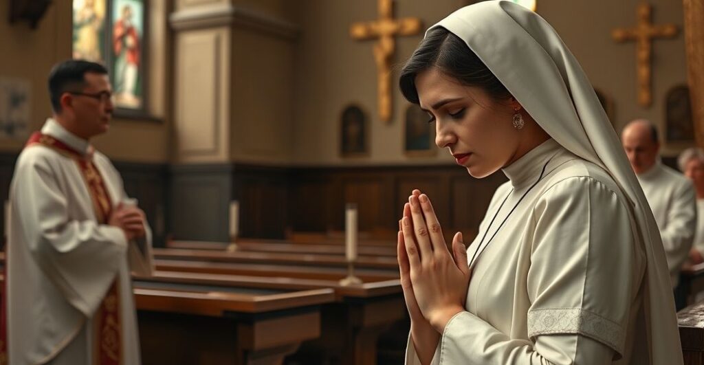 Religijna scena w kościele z kobietą modlącą się i kapłanem, podkreślająca powagę katolickiej wiary i duchowości