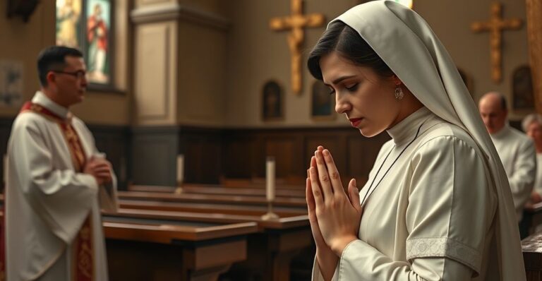 Zdjęcie realistycznego wnętrza katolickiego kościoła z kapłanem w modlitwie przed ołtarzem, ukazujące głęboką religijność i tradycję katolicką