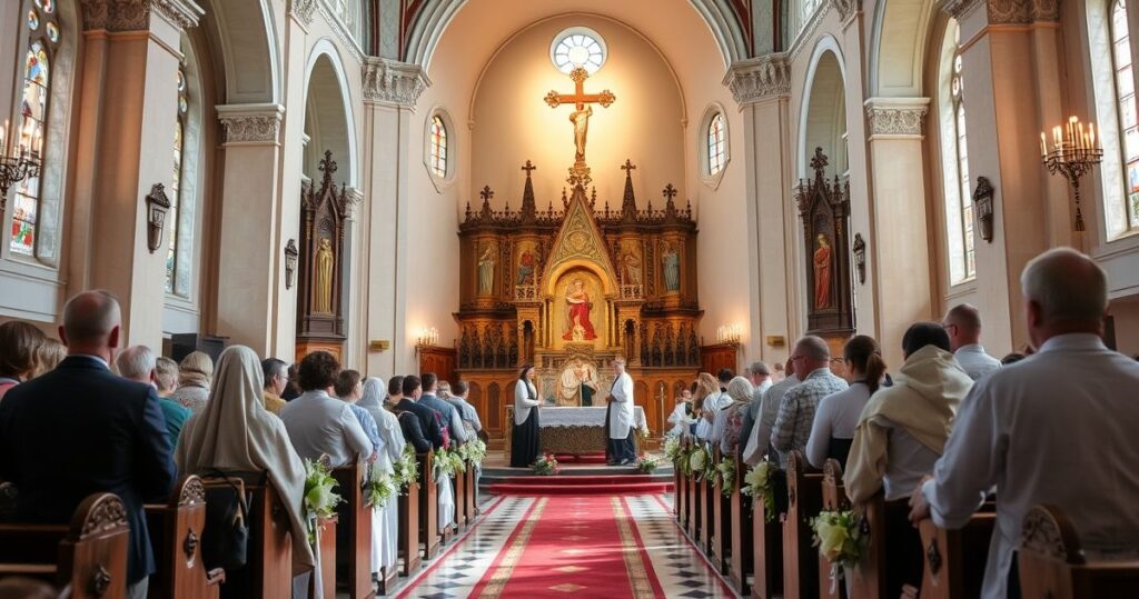 Realistyczne zdjęcie katolickiej modlitwy w kościele, kapłan klęczący przed obrazem Matki Bożej, wyrażające duchową głębię i pobożność.