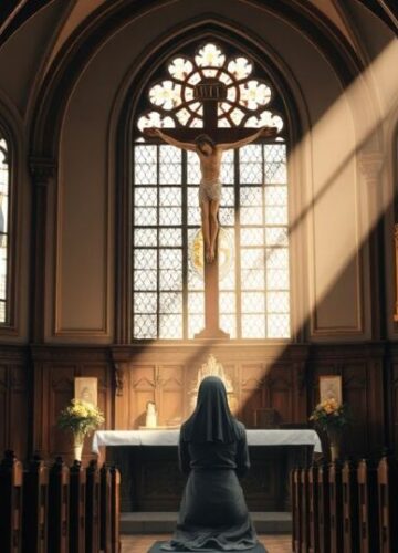Tradycyjna modlitwa kobiety w katolickim kościele z krytyką modernistycznych tendencji Uczciwa scena modlitwy kobiety w tradycyjnej katolickiej świątyni, wyrażająca głęboki szacunek i pokorę wobec Krzyża, symbolicznie krytykująca modernistyczne odejście od nauki Kościoła