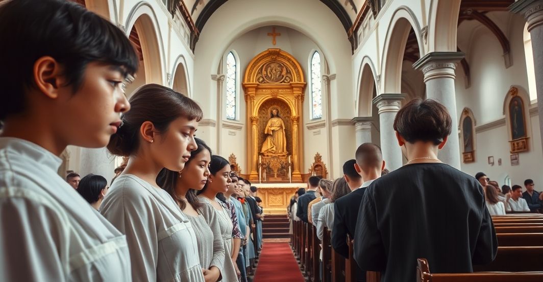 Wnętrze tradycyjnego katolickiego kościoła z duchownym podczas modlitwy, ukazujące powagę i wierność liturgii, z krucyfiksem i świecami, odzwierciedlające autentyczną pobożność katolicką