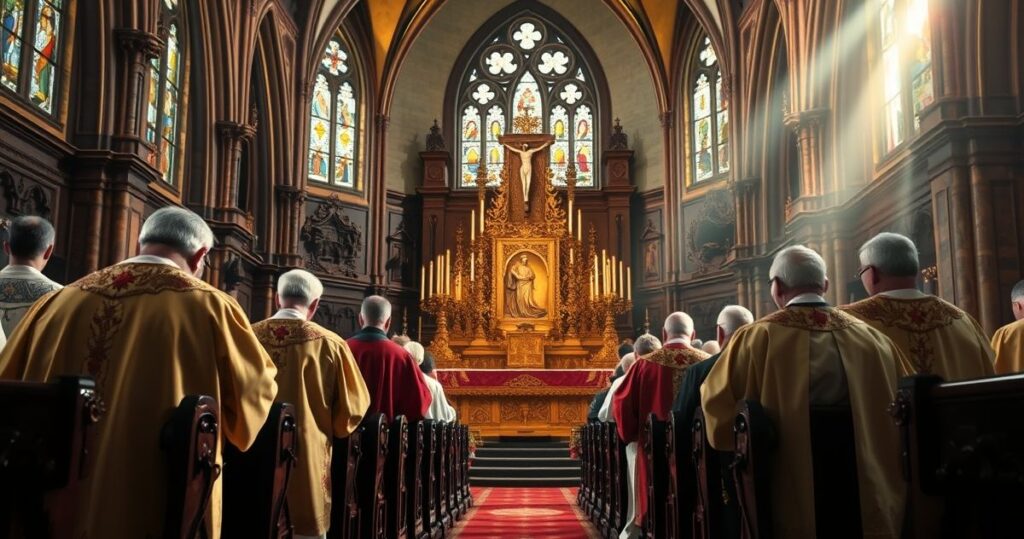 Szczere, tradycyjne katolickie wnętrze kościoła z kapłanami modlącymi się przed ołtarzem, wyraz głębokiej wiary i pokuty, odrzucenie nowoczesnych reform