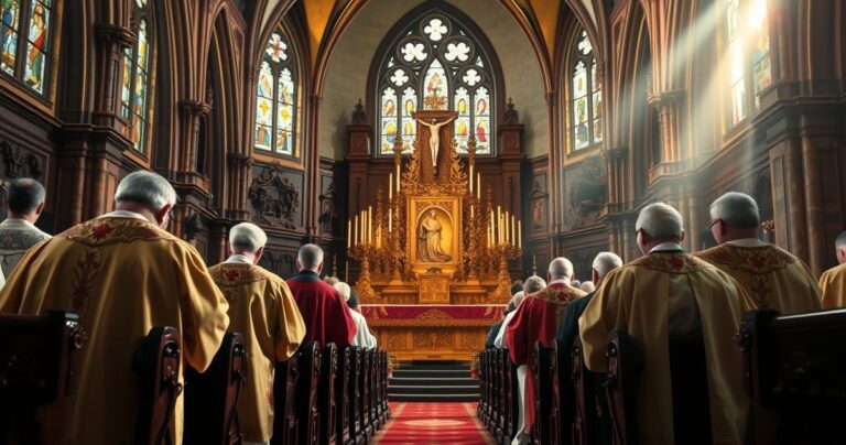 Szczere, tradycyjne katolickie wnętrze kościoła z kapłanami modlącymi się przed ołtarzem, wyraz głębokiej wiary i pokuty, odrzucenie nowoczesnych reform