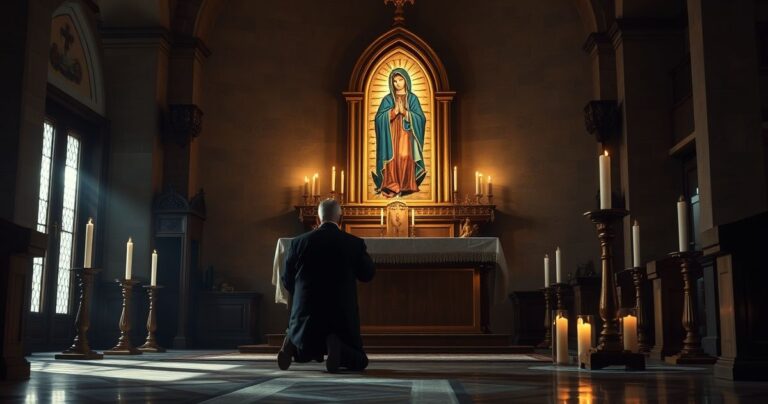 Rewersyjna scena katolickiego nabożeństwa z wiernym modlącym się przed obrazem Matki Bożej Częstochowskiej w tradycyjnym kościele