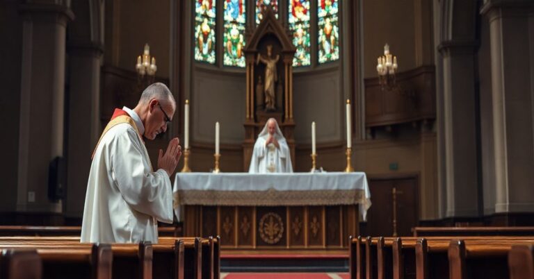 Zdjęcie realistyczne, pełne szacunku, przedstawiające kapłana modlącego się przed Najświętszym Sakramentem w tradycyjnej świątyni katolickiej, odzwierciedlające głębię wiary i pokorę.