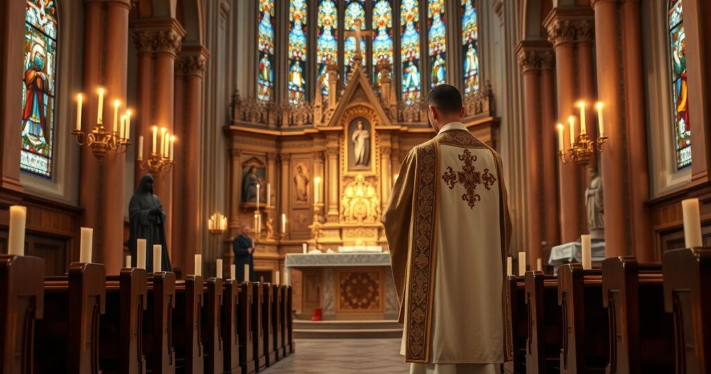 Tradycyjny katolicki kościół podczas modlitwy o pokój, z kapłanem w liturgicznych szatach przy ołtarzu, panuje atmosfera czci i skupienia