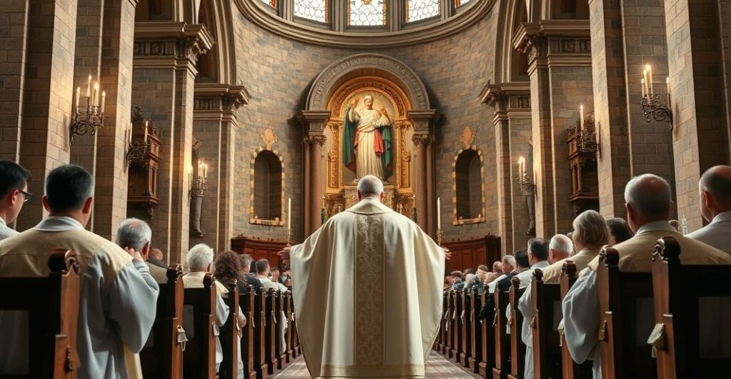 Rewersyjna scena tradycyjnego katolickiego księdza odprawiającego Mszę trydencką w historycznym kościele, skupiająca się na głębokiej wierze i tradycji katolickiej