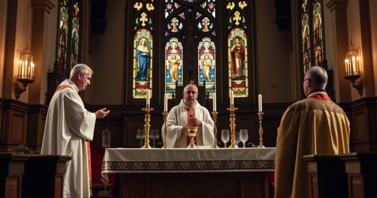 Religijne, pełne szacunku przedstawienie tradycyjnej Mszy Świętej z kapłanem w liturgicznych szatach, skupiające się na konsekrowanym chlebie i kielichu w starożytnej katedrze z witrażami.
