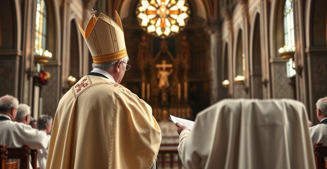 Kardynał odprawiający Mszę w tradycyjnej świątyni, ukazując wiarę katolicką i odrzucenie modernistycznych błędów