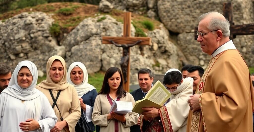 Rewersyjny obraz katolickich pielgrzymów z krzyżem na historycznym tle, odzwierciedlający prawdziwe, głęboko religijne obchody w duchu tradycyjnej wiary katolickiej
