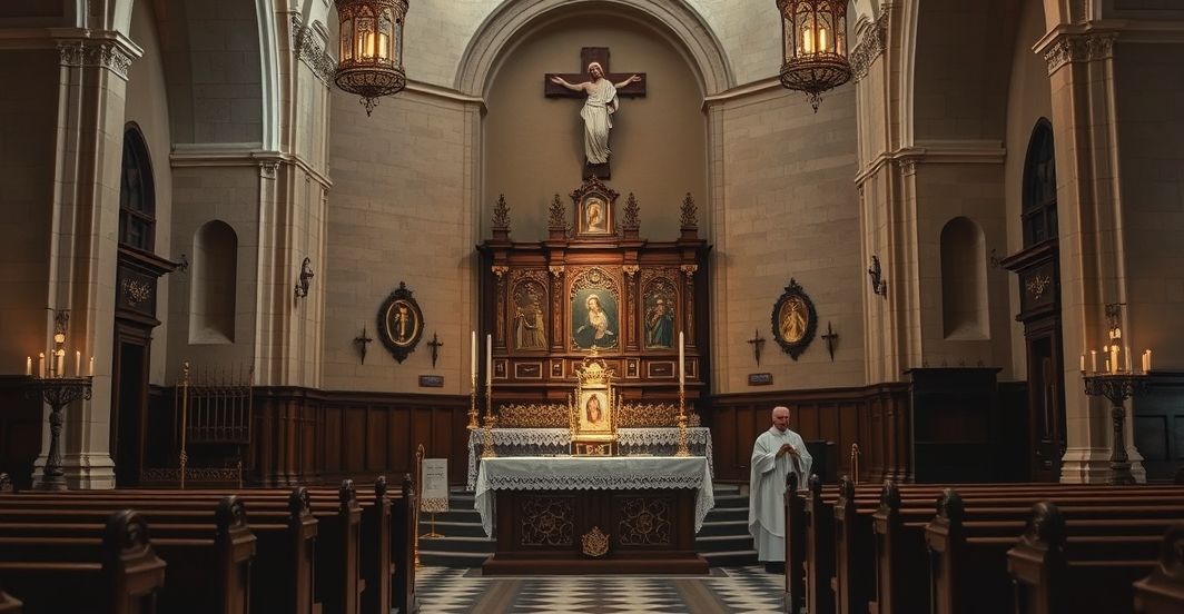 Realistyczne zdjęcie katolickiego wnętrza z relikwiami, podkreślające tradycyjną, pełną szacunku atmosferę nabożeństwa