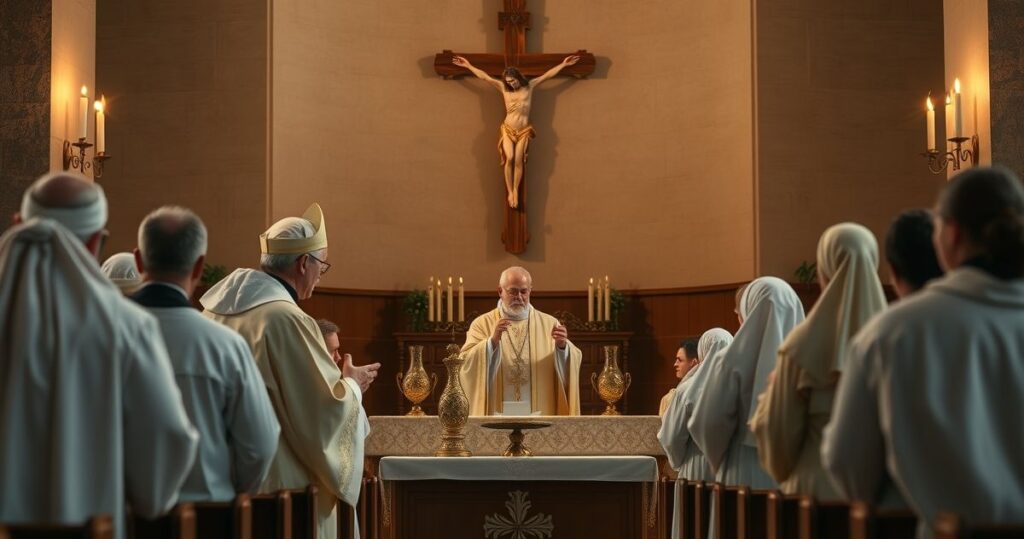 Realistyczne, pełne szacunku zdjęcie wnętrza tradycyjnego kościoła katolickiego z kapłanem odprawiającym Eucharystię, wiernymi w skromnych strojach, podkreślające pobożność i wierność tradycji katolickiej.