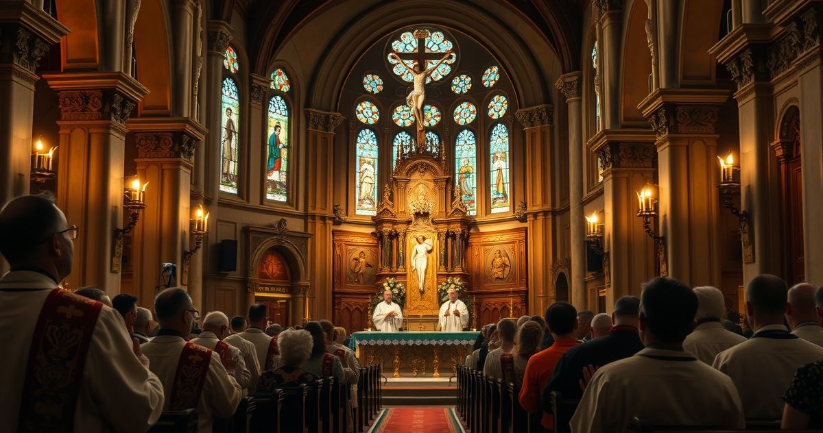 Obraz przedstawiający tradycyjną scenę kościelną z kapłanami i wiernymi w modlitwie, ukazującą głęboką religijność i oddanie wiary katolickiej w duchu tradycyjnym.