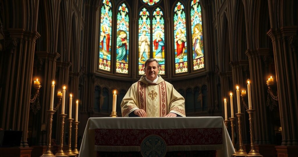 Rezystancki katolicki obraz kapłana celebrującego Eucharystię w tradycyjnym kościele, symbolizujący wierność Tradycji i sprzeciw wobec nowoczesnych błędów