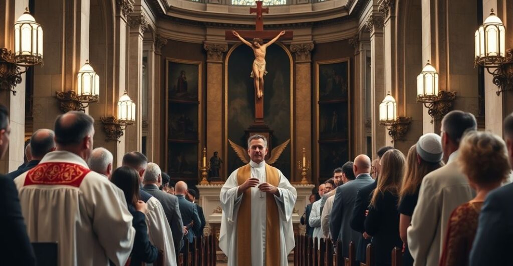 Uroczystość religijna w tradycyjnym kościele katolickim, ukazująca kapłana w liturgicznych szatach podczas uroczystej ceremonii, w otoczeniu wiernych i symboli katolickiej wiary