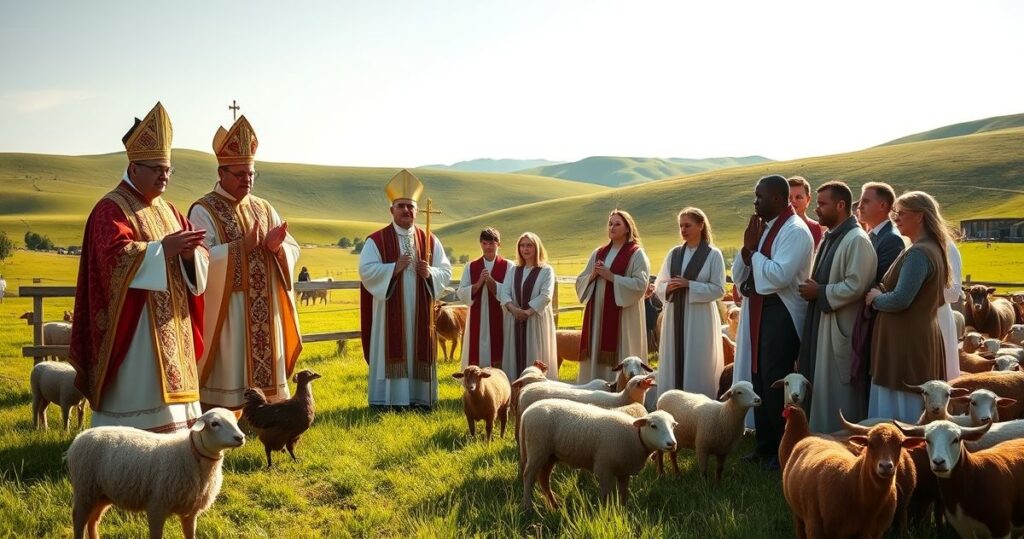 Obraz przedstawiający tradycyjne katolickie uroczystości, kapłan w liturgii, wierni, zwierzęta, atmosfera powagi i pobożności, krytyka nowoczesnych deformacji religii