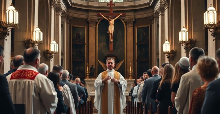 Uroczystość religijna w tradycyjnym kościele katolickim, ukazująca kapłana w liturgicznych szatach podczas uroczystej ceremonii, w otoczeniu wiernych i symboli katolickiej wiary