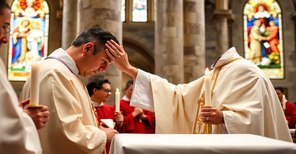 Uroczysty moment podczas tradycyjnej katolickiej konfirmacji z biskupem sedevacantystą w białej i złotej szacie liturgicznej kładącym ręce na głowę młodego mężczyzny. Ołtarzowcy w czerwonych sutannach trzymają świece, tworząc ciepłe złote światło w majestatycznym kościele z marmurowymi kolumnami i witrażami przedstawiającymi świętych.
