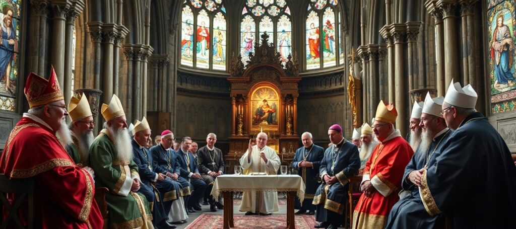 Zgromadzenie tradycyjnych katolickich biskupów w historycznej europejskiej katedrze omawiające prawdziwą drogę do zdrowia psychicznego i godności