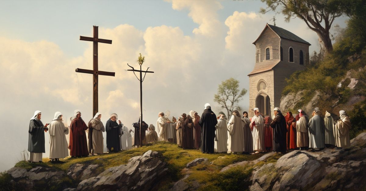 Pielgrzymi modlący się przed krzyżem na Kalwarii w tradycyjnym stylu katolickim.