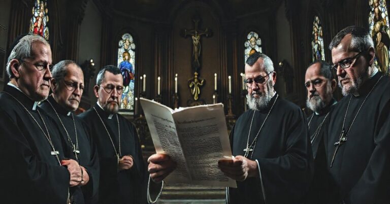 Grupa tradycyjnych katolickich duchownych w kaplicy, analizujących dokument o ordynariacie dla anglikanów, z wyraźnym niepokojem na twarzach, w otoczeniu katolickiej symboliki