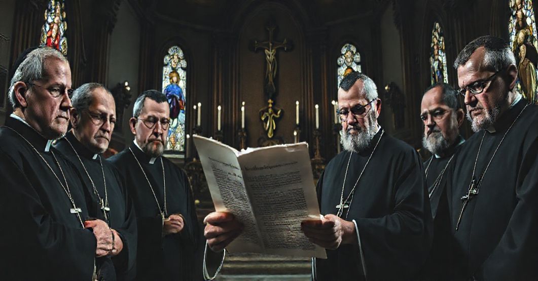 Grupa tradycyjnych katolickich duchownych w kaplicy, analizujących dokument o ordynariacie dla anglikanów, z wyraźnym niepokojem na twarzach, w otoczeniu katolickiej symboliki