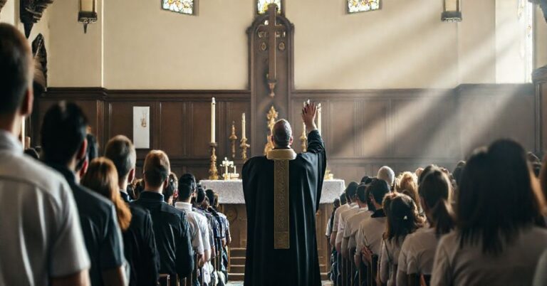 Tradycyjna katolicka kaplica wypełniona módłymi studentami podczas mszy. Ksiądz w czarnej sutannie i białej sutannie stoi przy ołtarzu z podniesionymi dłońmi w błogosłowieniu. Wierni klękają w modlitwie. Naturalne światło pada przez witraże, tworząc ciepłe powodzenie.
