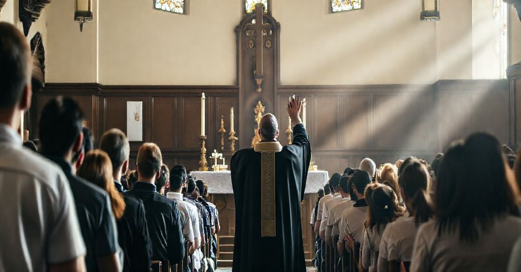 Tradycyjna katolicka kaplica wypełniona módłymi studentami podczas mszy. Ksiądz w czarnej sutannie i białej sutannie stoi przy ołtarzu z podniesionymi dłońmi w błogosłowieniu. Wierni klękają w modlitwie. Naturalne światło pada przez witraże, tworząc ciepłe powodzenie.