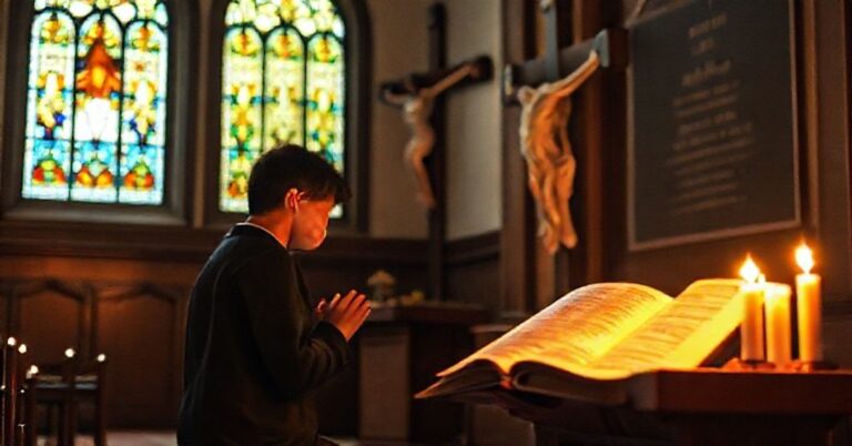 Młodzieżowy seminarzysta modli się przed krzyżem w tradycyjnym kościele katolickim