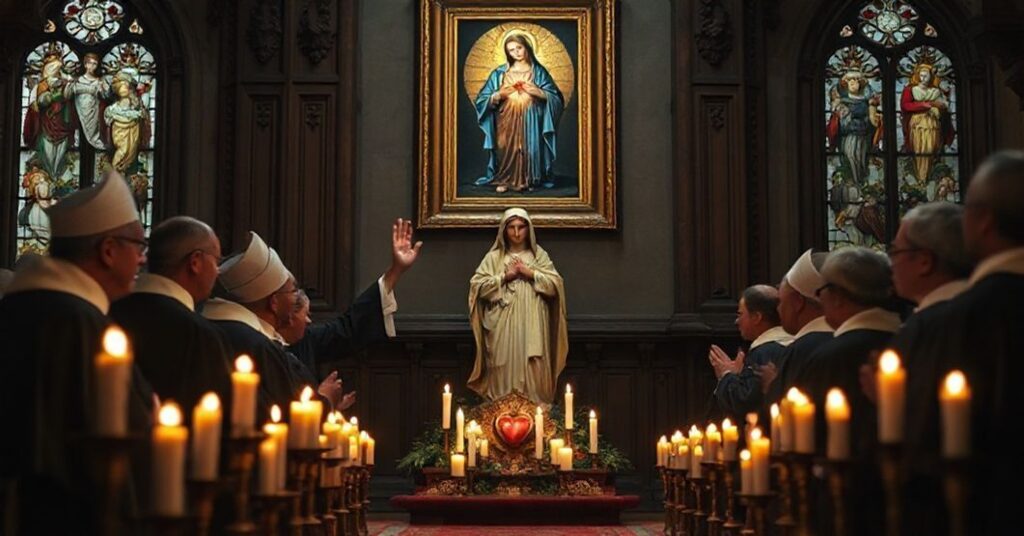 Grupa tradycyjnych katolickich księży modli się przed figurą Niepokalanego Serca Maryi w kaplicy z witrażami