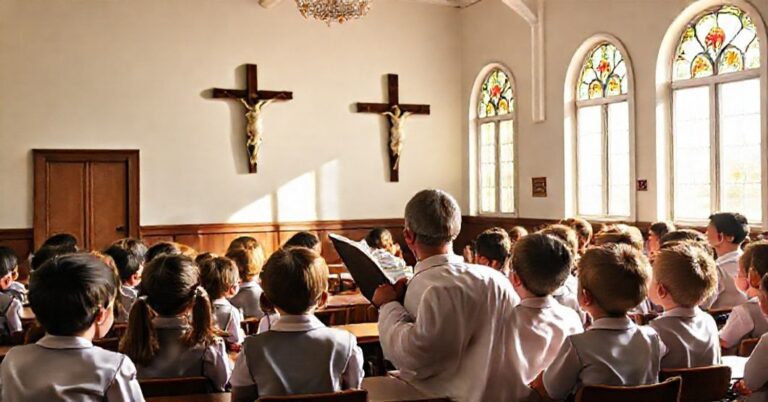 Policzkowe klasy szkolne z krucyfiksem na ścianie i księdzem uczącym grupę uważnych dzieci. Dzieci są ubrane w tradycyjne mundurki szkolne, a pokój jest napełniony słońcem filtrującym przez witraże.