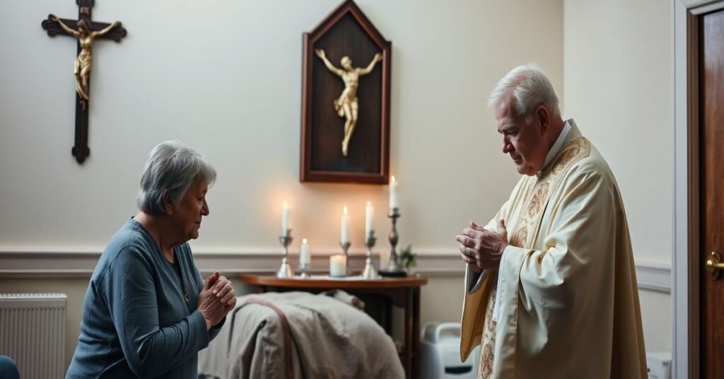 Fotografia tradycyjnego katolickiego hospicjum, gdzie ksiądz w tradycyjnych szatach sakralnych udziela sakramentu namaszczenia chorych ciężko choremu pacjentowi. Pokój jest delikatnie oświetlony, z krzyżem na ścianie i migoczącymi lampkami ołtarzowymi. Zhaczywiony członek rodziny modli się blisko z różańcem. Twarz księcia jest poważna i pełna współczucia, odzwierciedlająca świętość chwili. Obraz przekazuje głęboki duchowy pocieszenie i prawdziwy cel opieki katolickiej w hospicjum.
