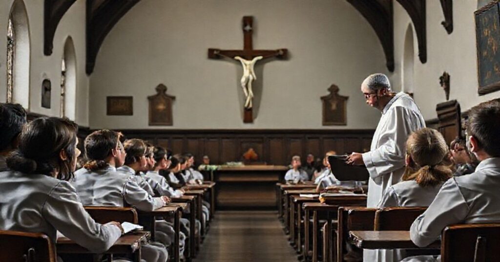 Grupa uczniów słuchających wygłaszanego wykładu przez kapłana w sutannie w tradycyjnym katolickim klasie z krzyżem i architekturą kościelną na tle.