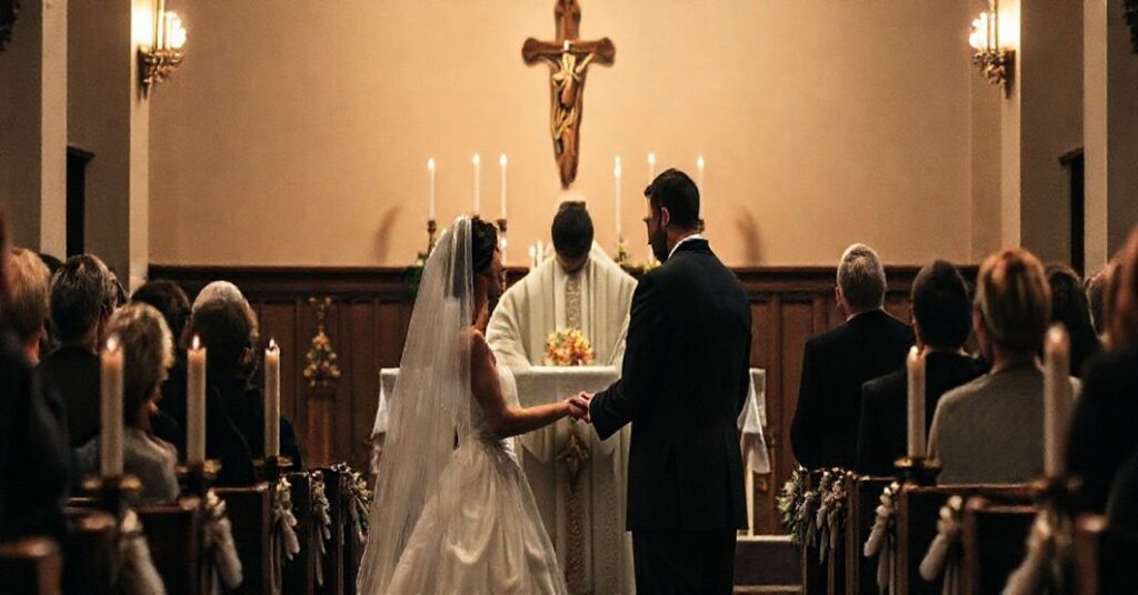 Tradycyjne katolickie wesele z kapłanem w ornaty, para wymieniająca ślubową przysięgę przed ołtarzem z krzyżem i świecami. Scena podkreślała świętość i nierozerwalność małżeństwa według nauki katolickiej.