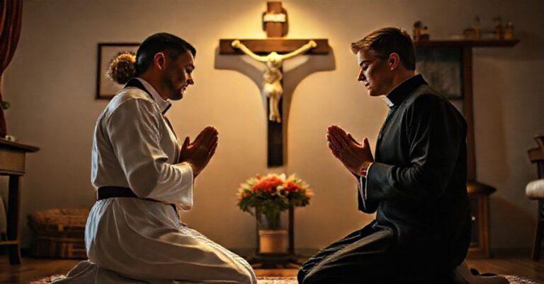 Tradycyjna katolicka para modląca się przed krzyżem w pokojnej scenerii domowej