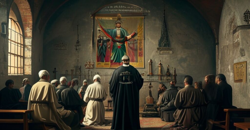 Tradycyjna katolicka scenka w kościele z księdzem modlącym się przed Najświętszym Sakramentem i grupą wiernych kładących się na kolana.