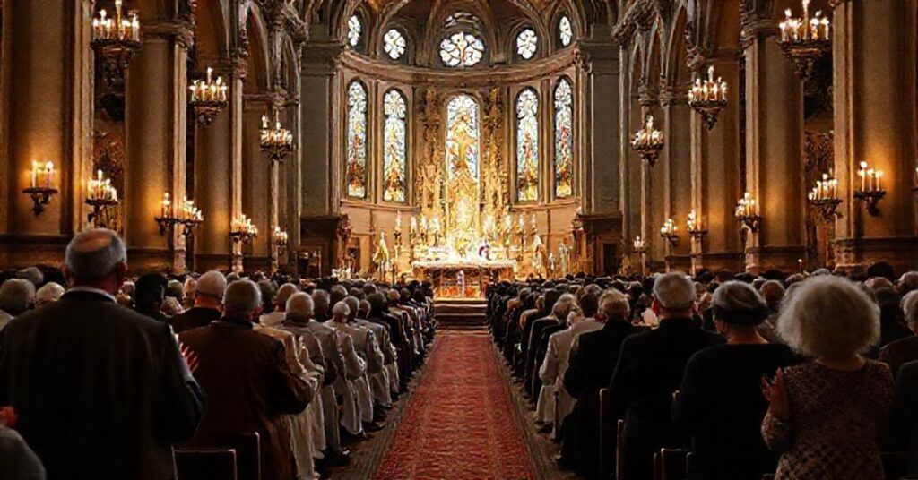 Zbór tradycyjnych katolików modlących się w kościele z kapłanami sedewakantystami na czele