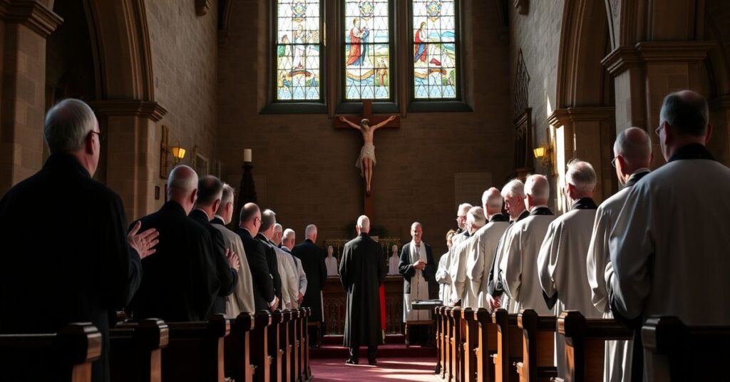 Tradycyjni kapłani modlący się w kościele w Szkocji przed krzyżem na tle krajobrazu szkockiego