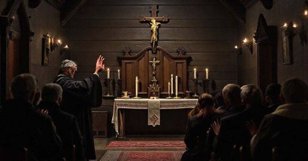 Tradycyjne katolickie nabożeństwo adwentowe z tradycyjnym księdzem i wiernymi na kolanach przed ołtarzem