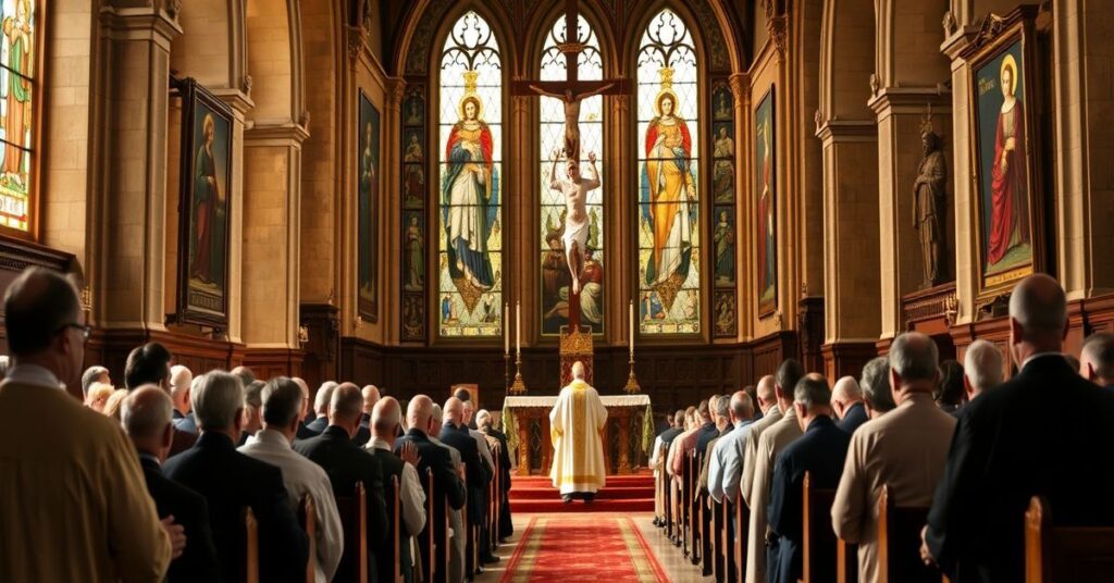 Sobótni katolicki nabożeństwo w tradycyjnym kościele z kapłanem w pełnym ornatem i wiernymi modlącymi się przed krzyżem