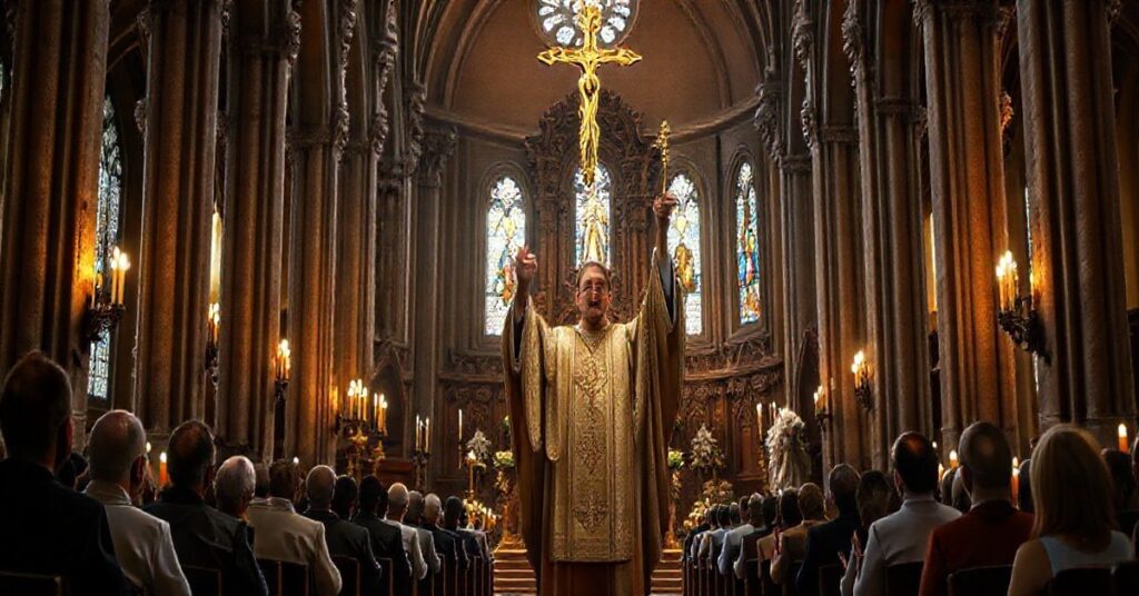 Zdjęcie tradycyjnego katolickiego wnętrza kościoła z kapłanem w liturgicznej szacie, modlącym się wiernymi, oddającymi hołd wierze katolickiej z głębokim szacunkiem i powagą