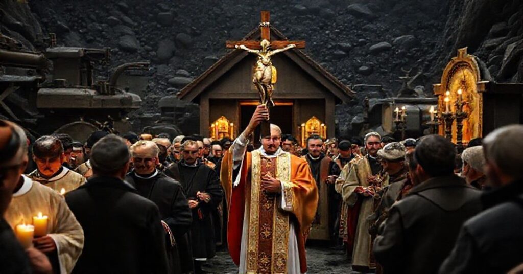 Tradycyjna katolicka uroczystość w kopalni węglowej prowadzona przez sedevacantistowskiego kapłana w ornatach. Procesja z górnikami i ich rodzinami przed kapliczką z ikonami i świecami na tle przemysłowego krajobrazu.