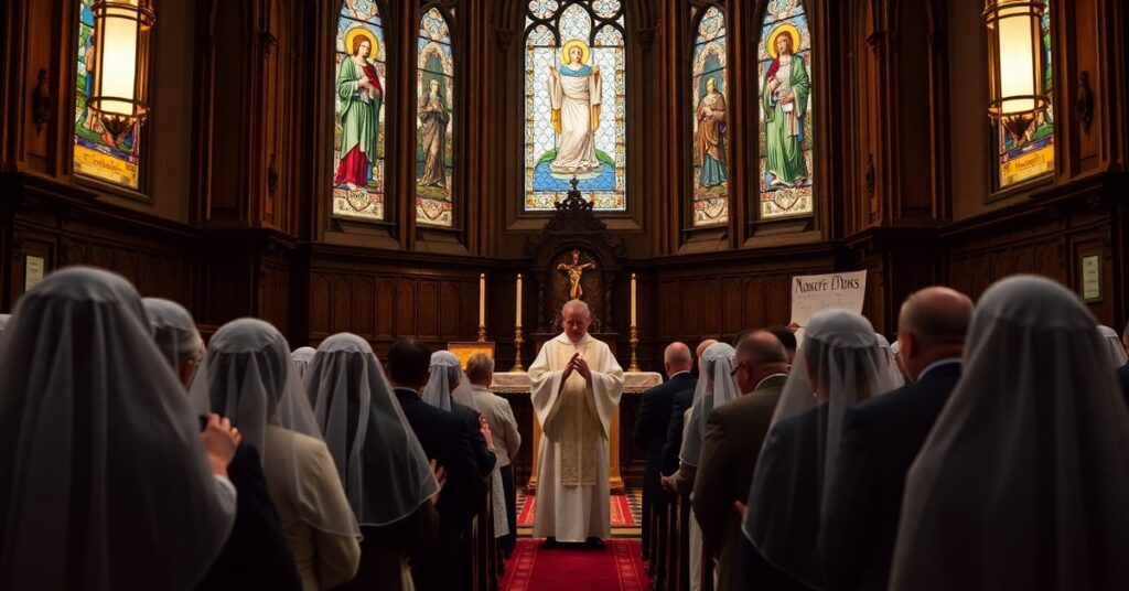 Tradycyjni katolicy uczestniczą w Mszy Świętej według mszału św. Piusa V w historycznym kościele. Scena jest pełna pokory i modlitwy, kontrastująca z secularnym światem poza kościołem.